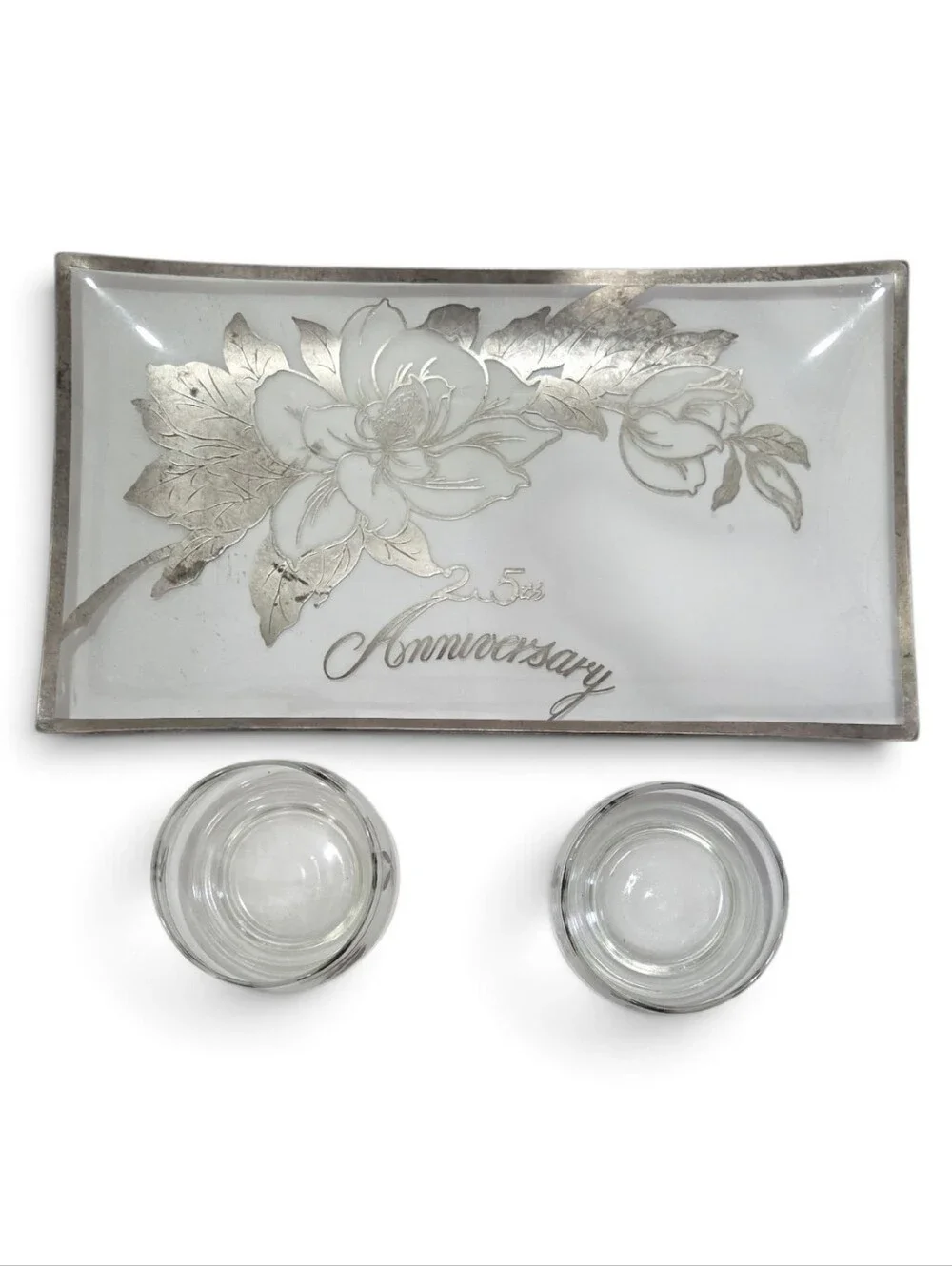 Vintage 25th Anniversary Decorative Glass Tray and Votive Set - Silver Floral